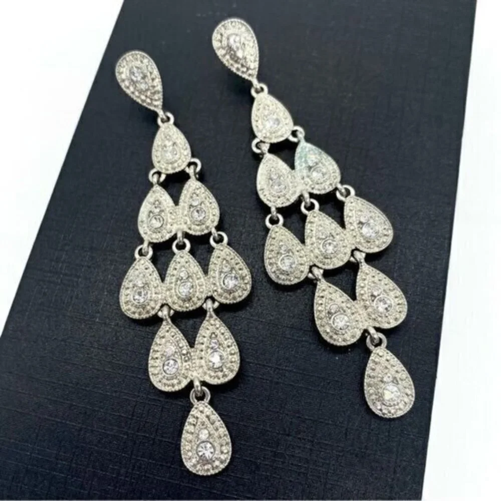 Silver Rhinestone Drop Earrings Formal Bridal Old Hollywood Glam